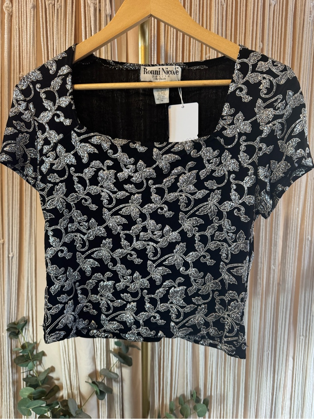vintage Ronni Nicole by Ouida short-sleeve top black silver petite medium (PM)